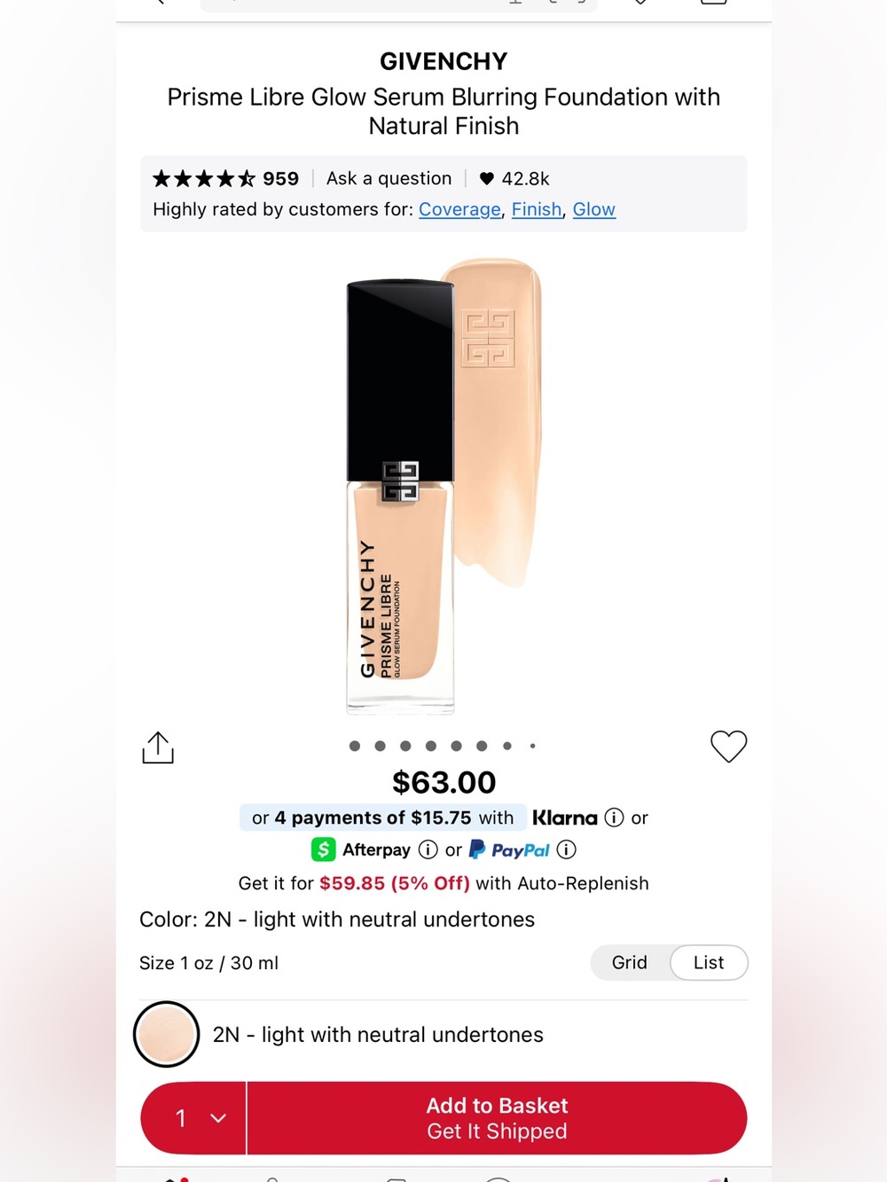 Givenchy Prisme Libre Glow Serum Blurring Foundation - 2N Light (Neutral)